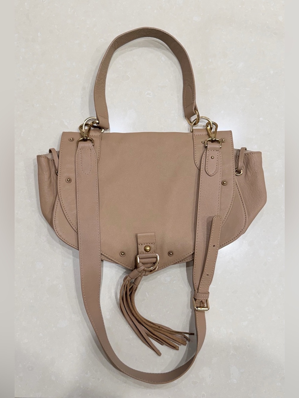 See by Chloé Collins Saddle Bag Taupe Leather Tassel Satchel Crossbody